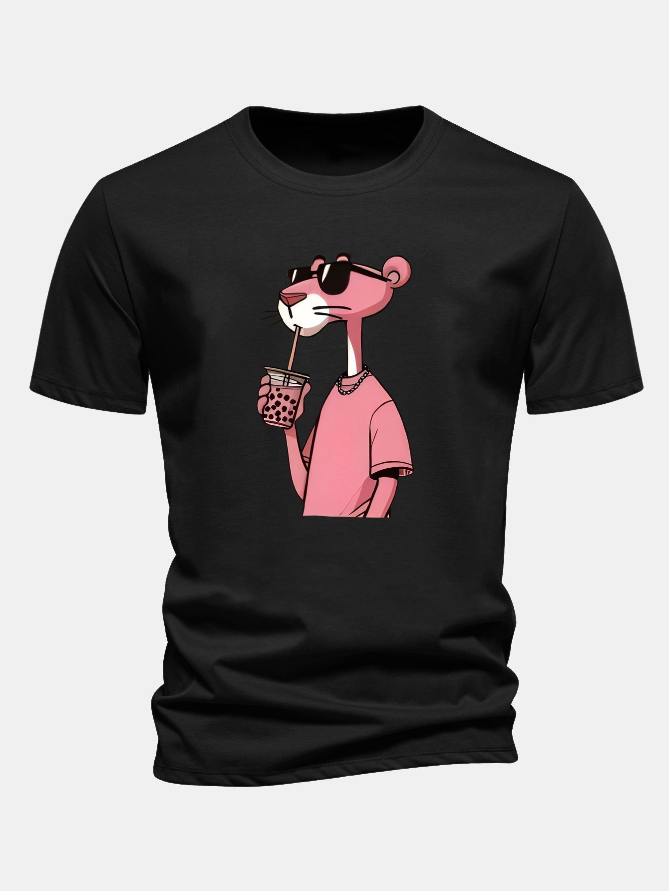 Regular Fit Pink Panther Print Cotton T-Shirt & Color Block Drawstring 6" Corduroy Shorts