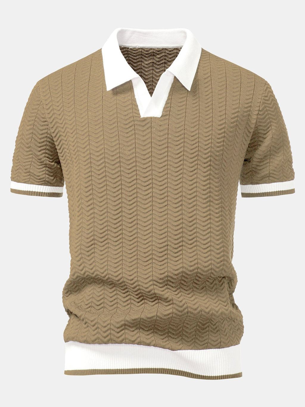 Texture Contrast Knitted V Neck Polo Shirt & Elastic Waist Chino Shorts
