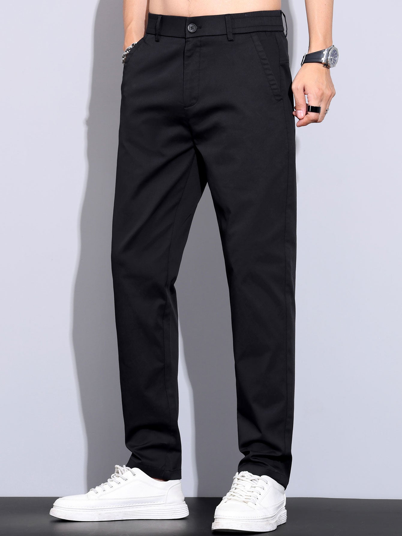 Contrast Textured Johnny Collar Knit Polo & Elastic Waist Straight Leg Trousers