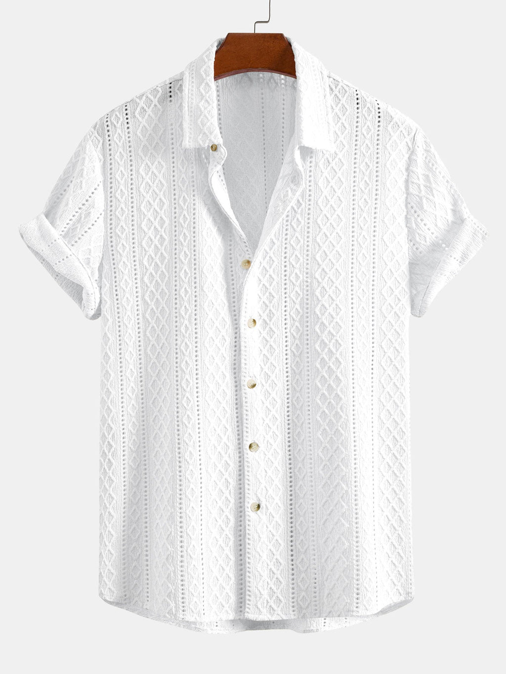 Geometry Rhombus Jacquard Button Up Shirt & Linen Blend Drawstring 7" Shorts