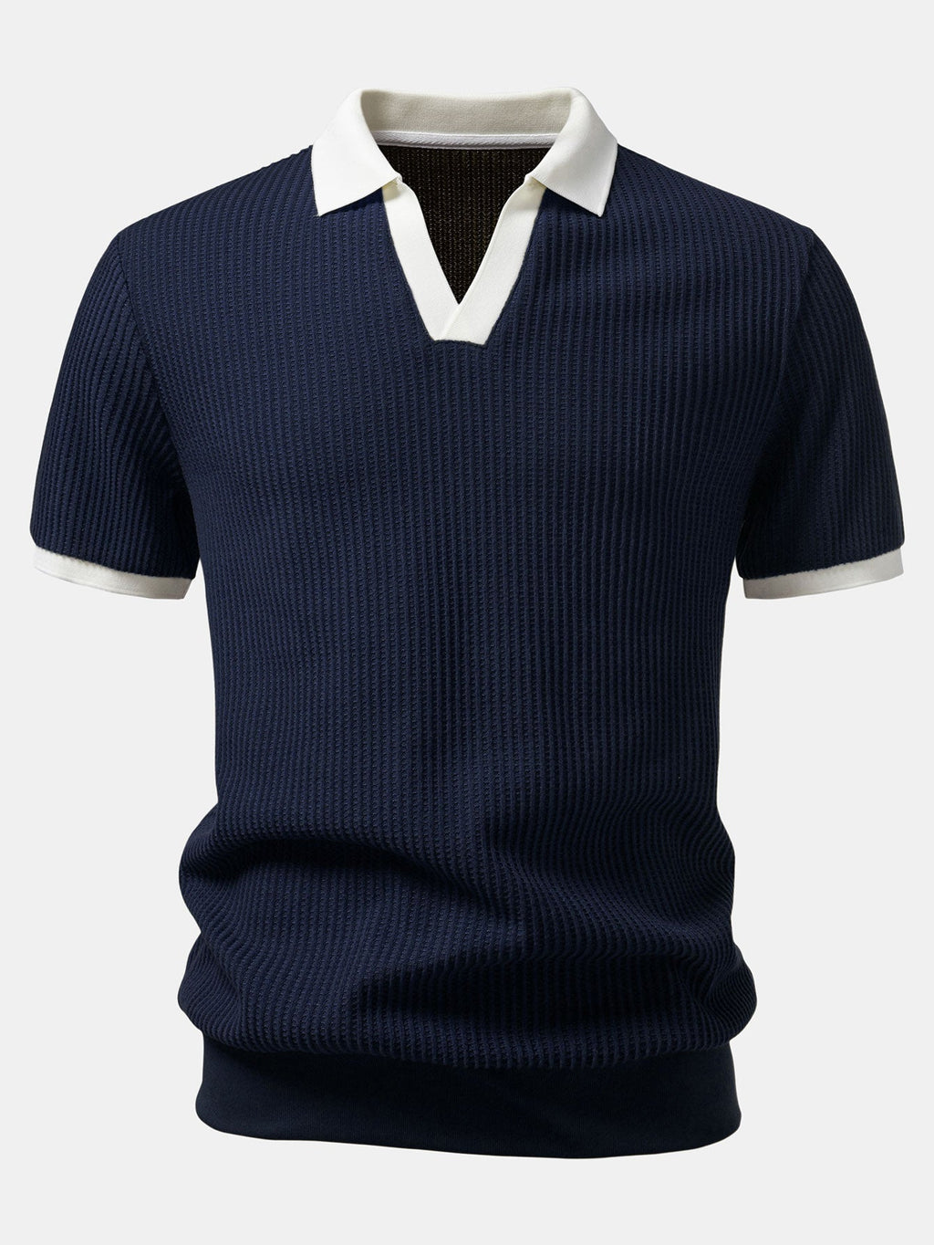 Contrast Knit Waffle Johnny Collar Polo & Drawstring Knitted Waffle Pants
