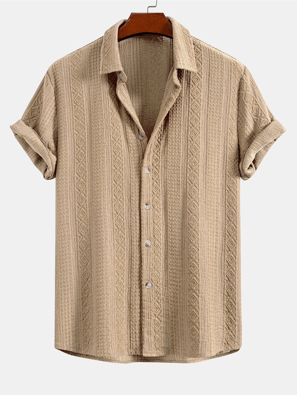 Geometric Jacquard Button Up Shirt & Crinkle Textured Drawstring 5" Shorts