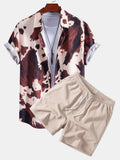 Cow Print Button Up Shirt & Crinkle Textured Drawstring 5" Shorts