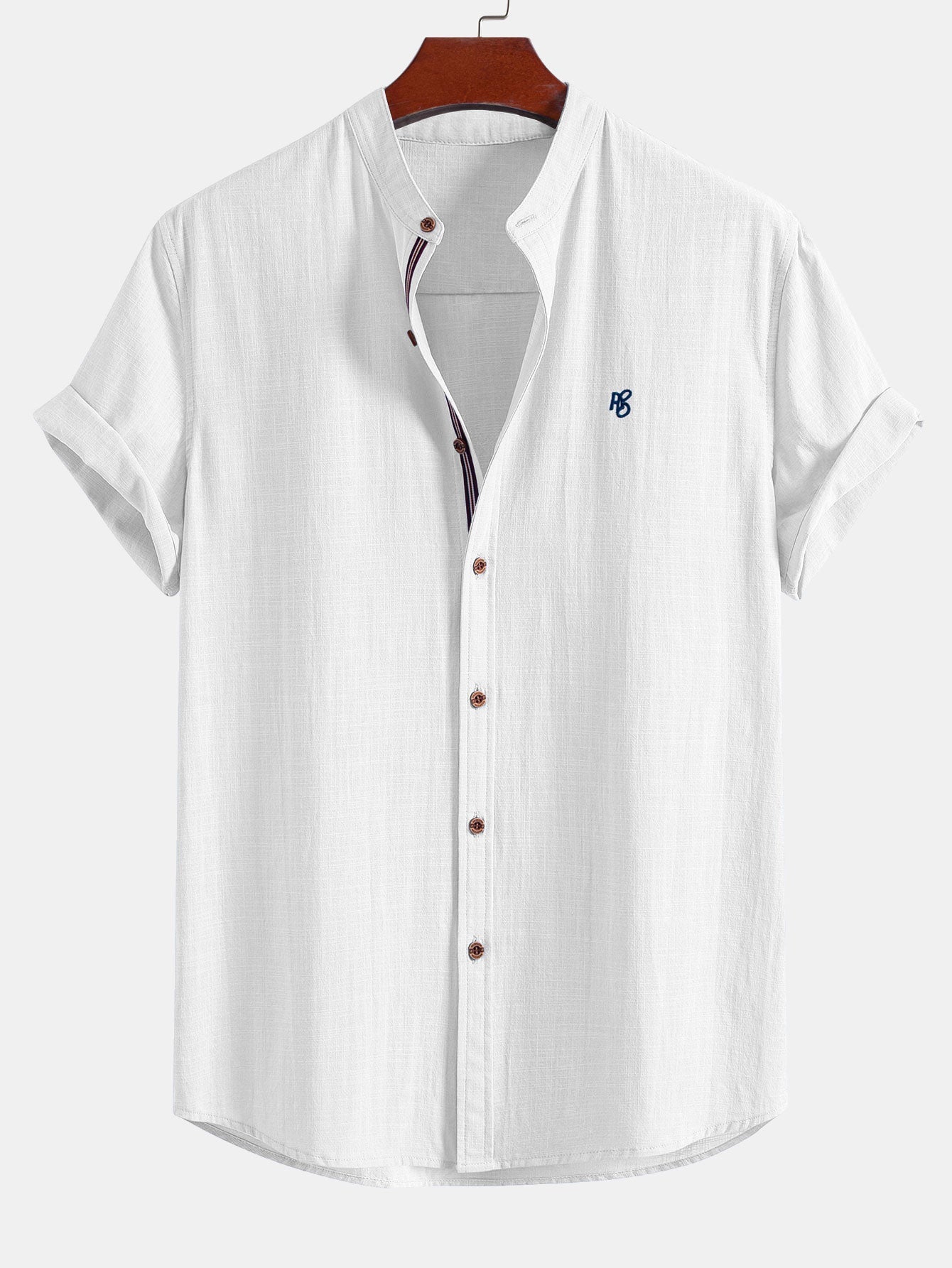 Short Sleeve Linen Look Stand Collar Shirt & Linen Blend Drawstring 7" Shorts