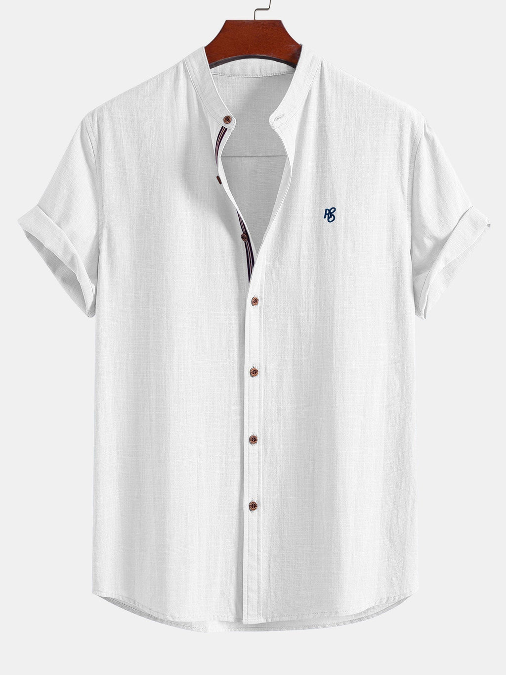 Short Sleeve Linen Look Stand Collar Shirt & Crinkle Textured Drawstring 5" Shorts
