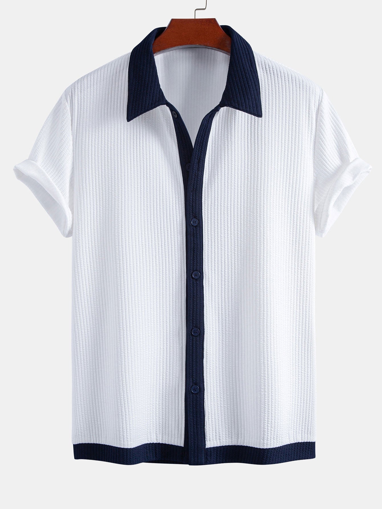 Contrast Ribbed Button Up Shirt & Drawstring Ribbed Shorts