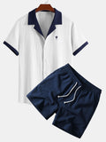 Contrast Palm Tree Embroidery Crinkle Shirt & Crinkle Textured Drawstring 5" Shorts