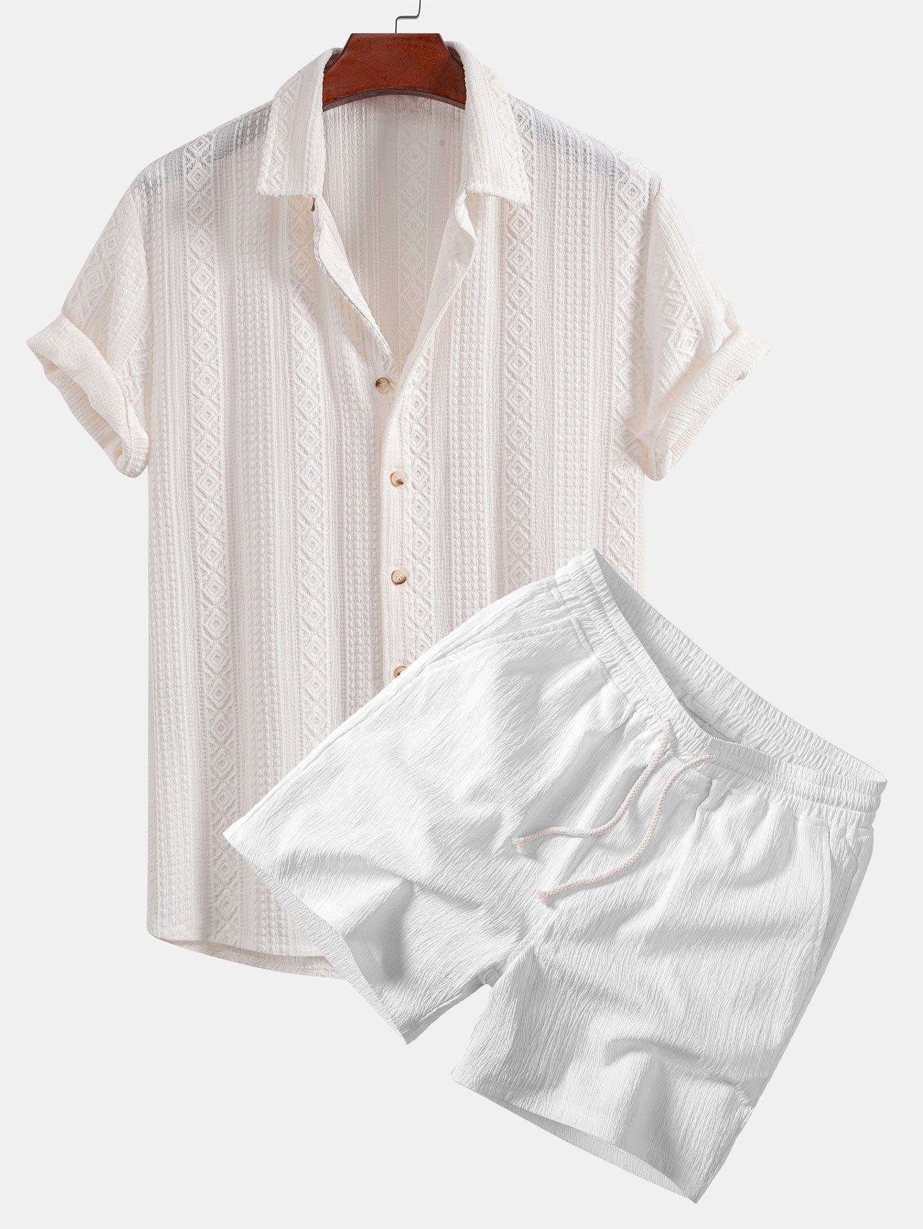 Geometric Jacquard Button Up Shirt & Crinkle Textured Drawstring 5" Shorts