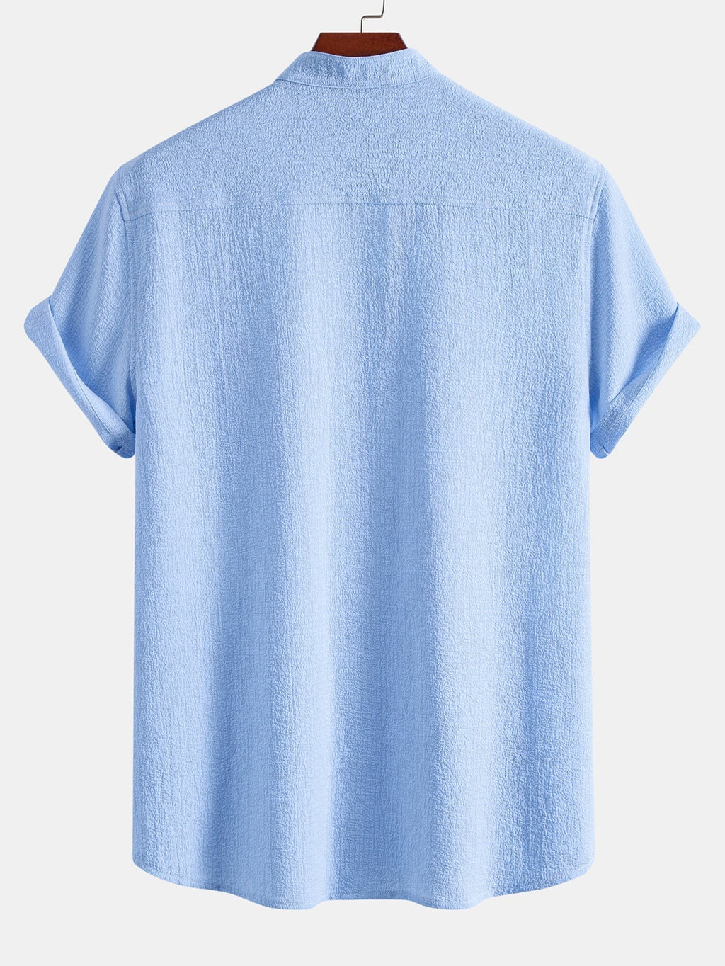 Short Sleeve Seersucker Stand Collar Shirt & Crinkle Textured Straight Leg Pants