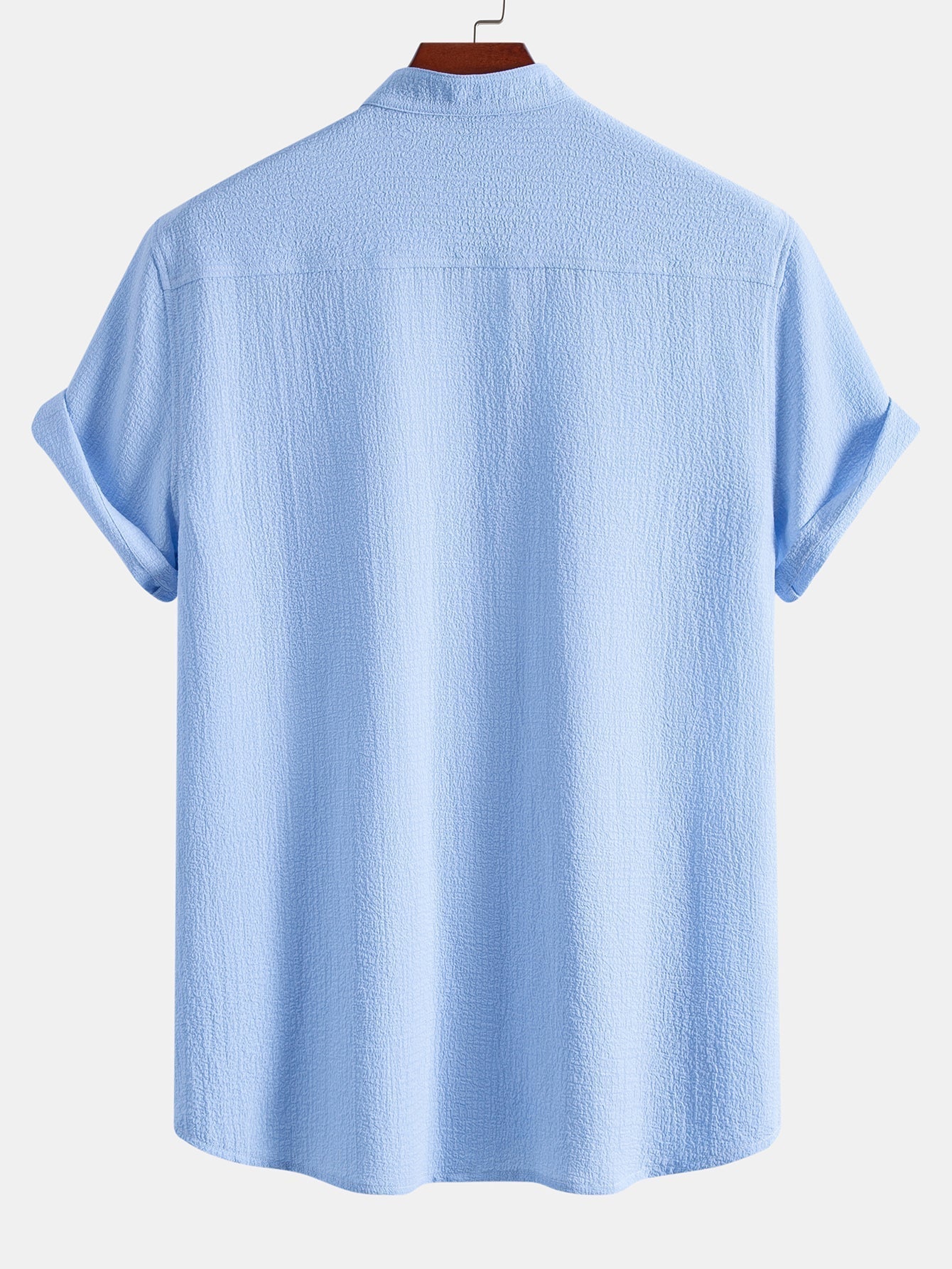 Short Sleeve Seersucker Stand Collar Shirt & Crinkle Textured Straight Leg Pants