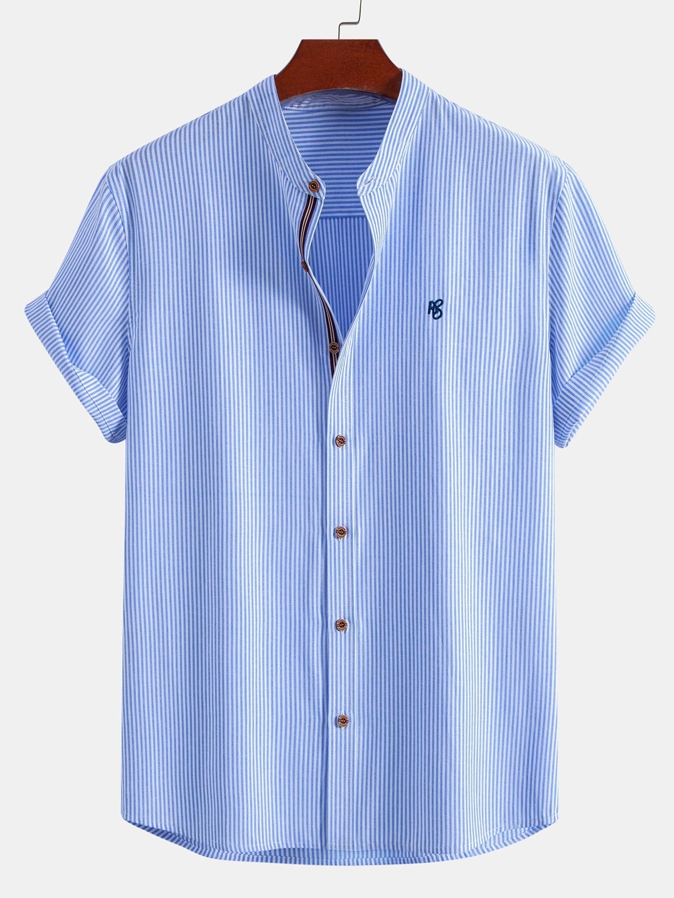 Short Sleeve Cotton Stripe Stand Collar Shirt & Straight Leg Linen Pants