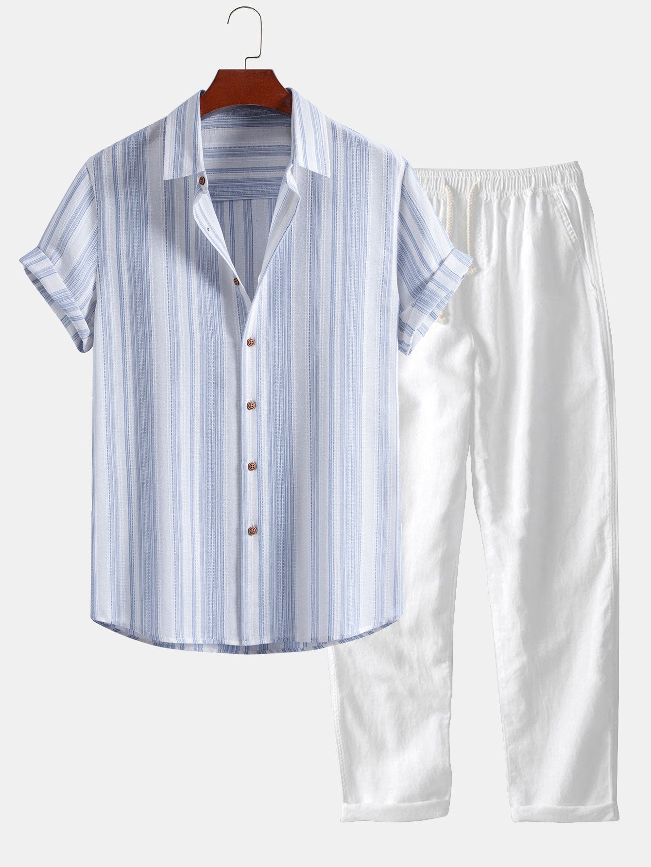 Stripe Linen Look Button Up Shirt & Straight Leg Linen Pants
