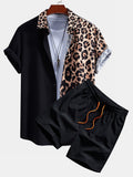 Leopard Print Patchwork Button Up Shirt & Swim Shorts