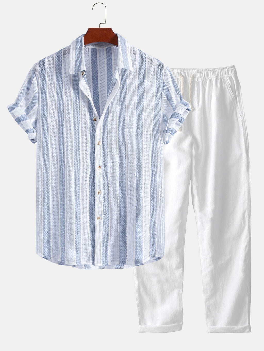 Textured Striped Button Up Shirt & Straight Leg Linen Pants