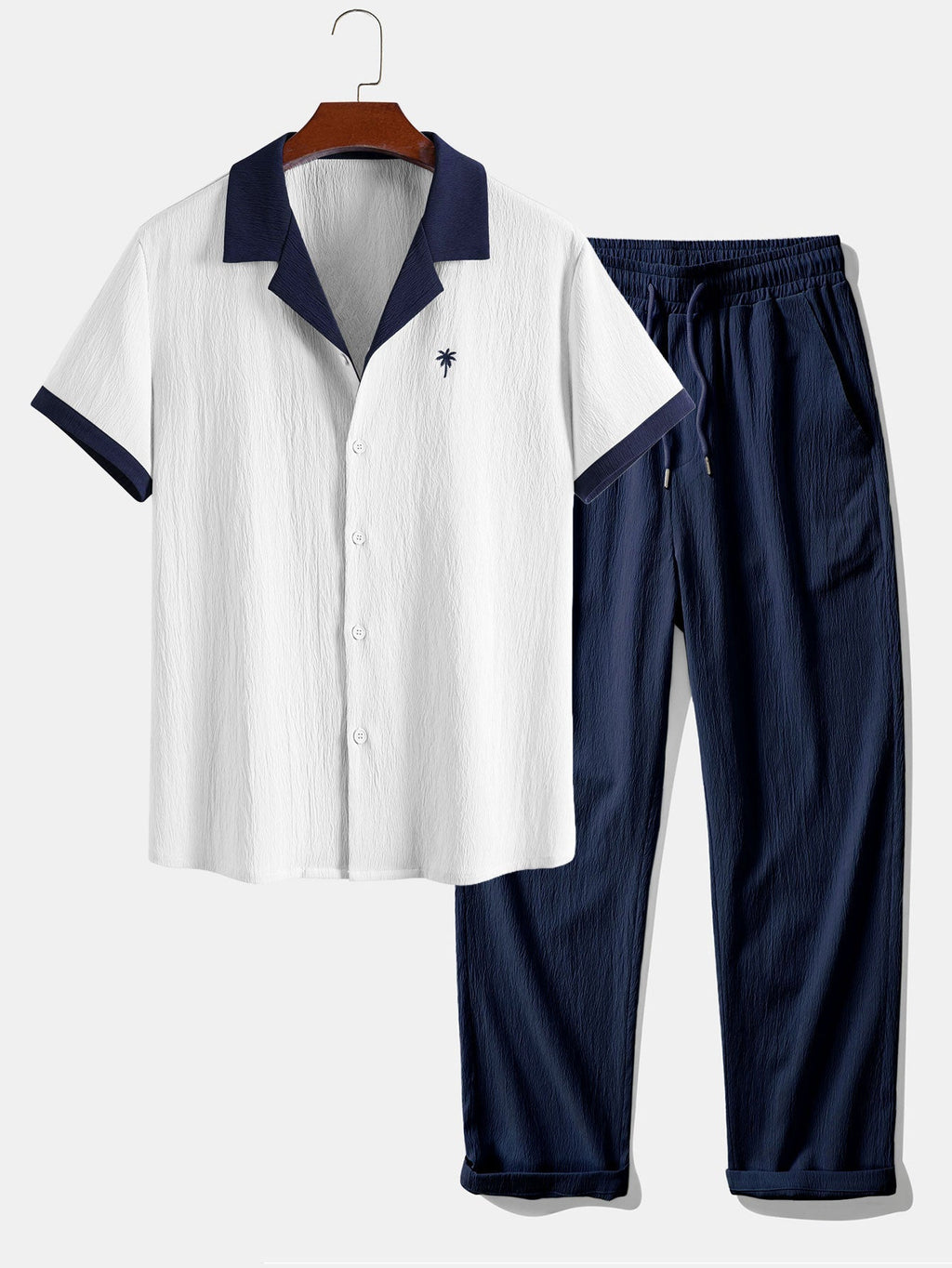 Contrast Palm Tree Embroidery Crinkle Shirt & Crinkle Textured Straight Leg Pants