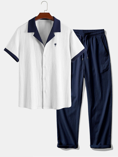 Contrast Palm Tree Embroidery Crinkle Shirt & Crinkle Textured Straight Leg Pants