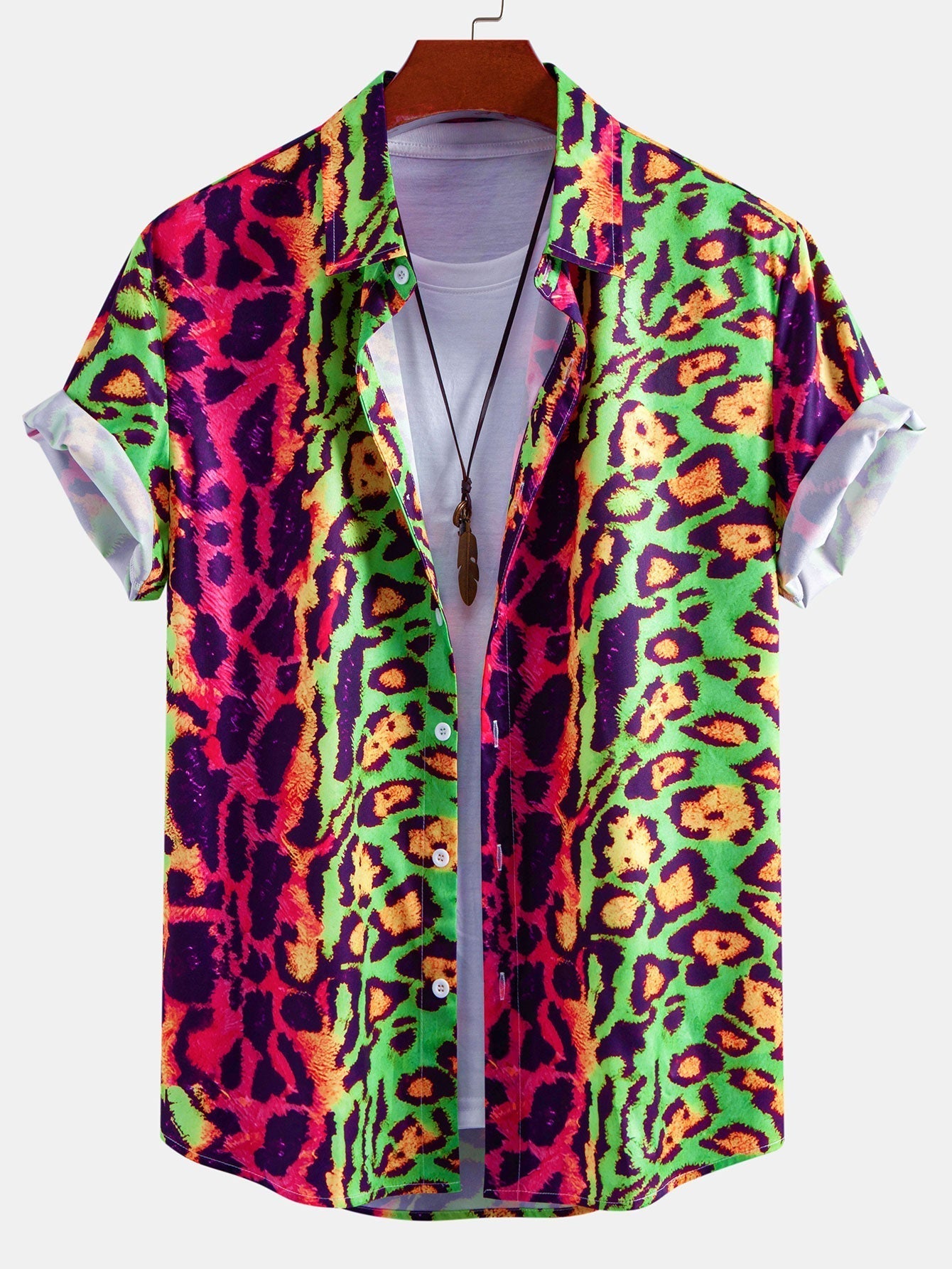 Colorful Leopard Print Button Up Shirt & Swim Shorts