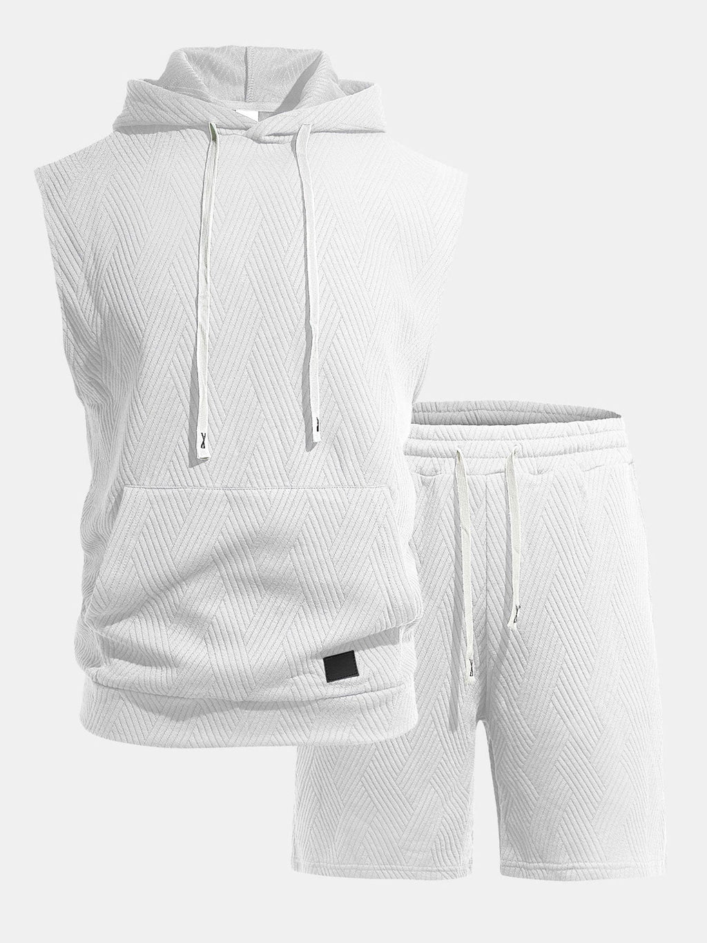 Stripe Textured Sleeveless Hooded T-Shirt & Drawstring Shorts Set
