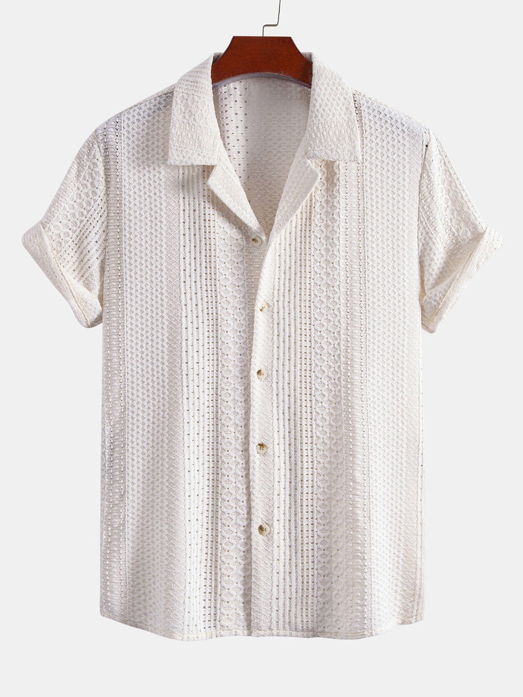 Geometric Jacquard Cuban Collar Shirt & Crinkle Textured Drawstring 5" Shorts