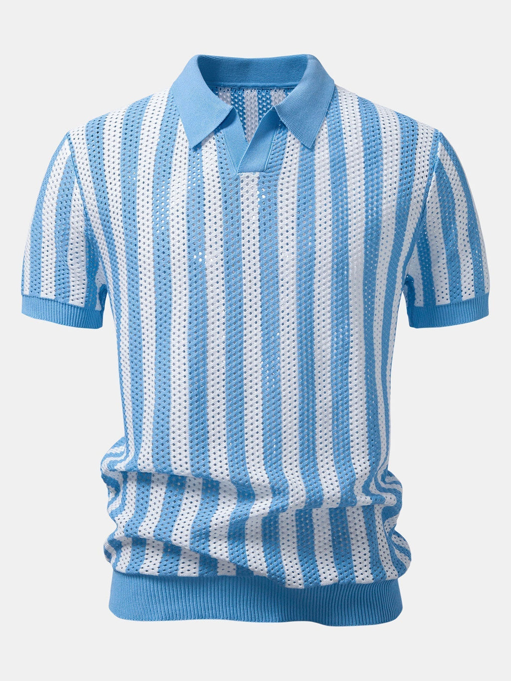 Stripe Johnny Collar Open Knit Polo & Straight Leg Linen Pants