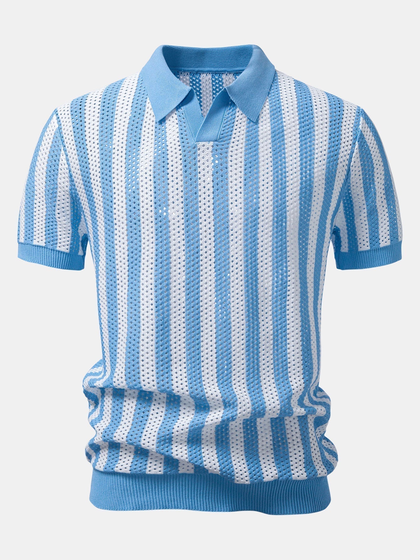 Stripe Johnny Collar Open Knit Polo & Straight Leg Linen Pants