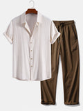 Linen Rayon Blend Button Up Shirt & Crinkle Textured Straight Leg Pants