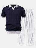 Contrast Trim Ribbed Johnny Collar Knit Polo & Straight Leg Ribbed Pants