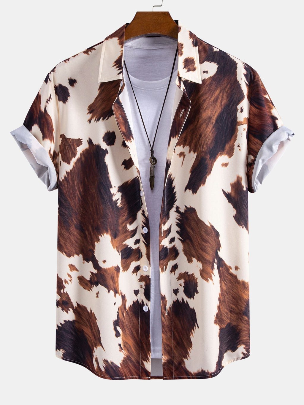 Cow Print Button Up Shirt & Crinkle Textured Drawstring 5" Shorts