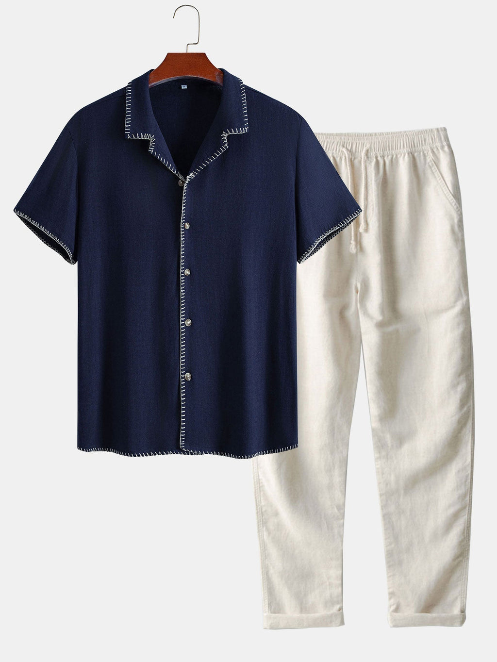 Contrast Stitching Linen Rayon Blend Cuban Shirt & Straight Leg Linen Pants