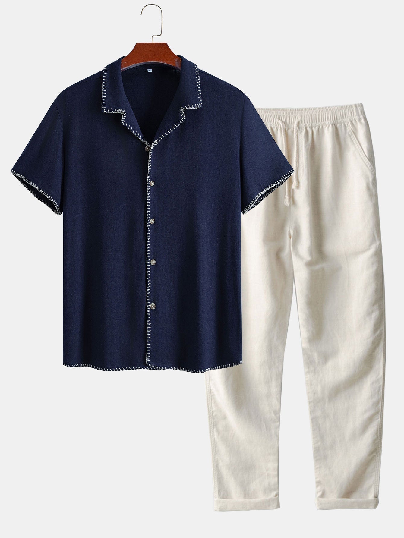 Contrast Stitching Linen Rayon Blend Cuban Shirt & Straight Leg Linen Pants