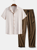 Contrast Stitching Linen Rayon Blend Cuban Shirt & Crinkle Textured Straight Leg Pants
