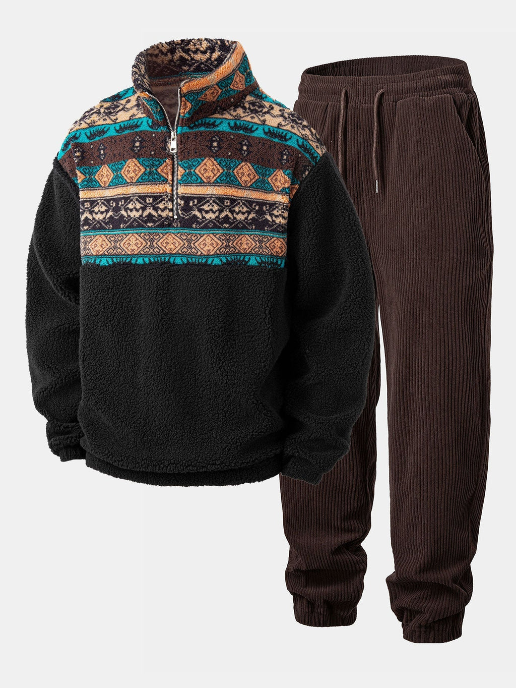Relax Fit Quarter Zip Ethnic Geometric Patchwork Teddy Sweatshirt & Corduroy Jogger Pants