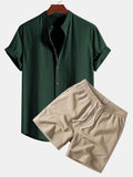 Short Sleeve Linen Look Stand Collar Shirt & Crinkle Textured Drawstring 5" Shorts