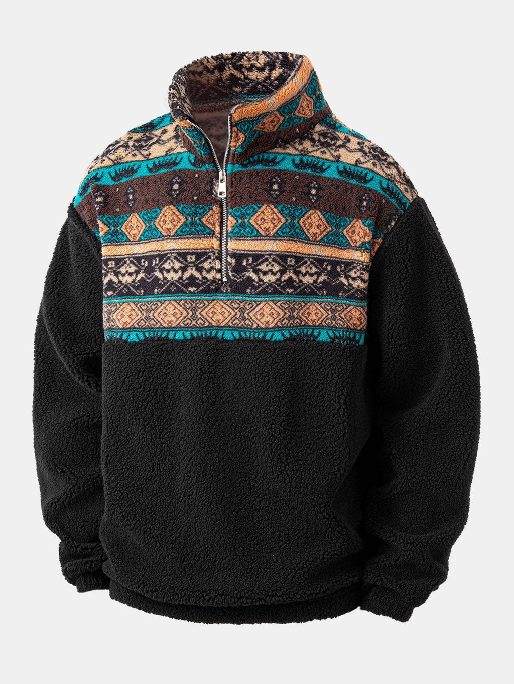 Relax Fit Quarter Zip Ethnic Geometric Patchwork Teddy Sweatshirt & Straight Leg Corduroy Pants