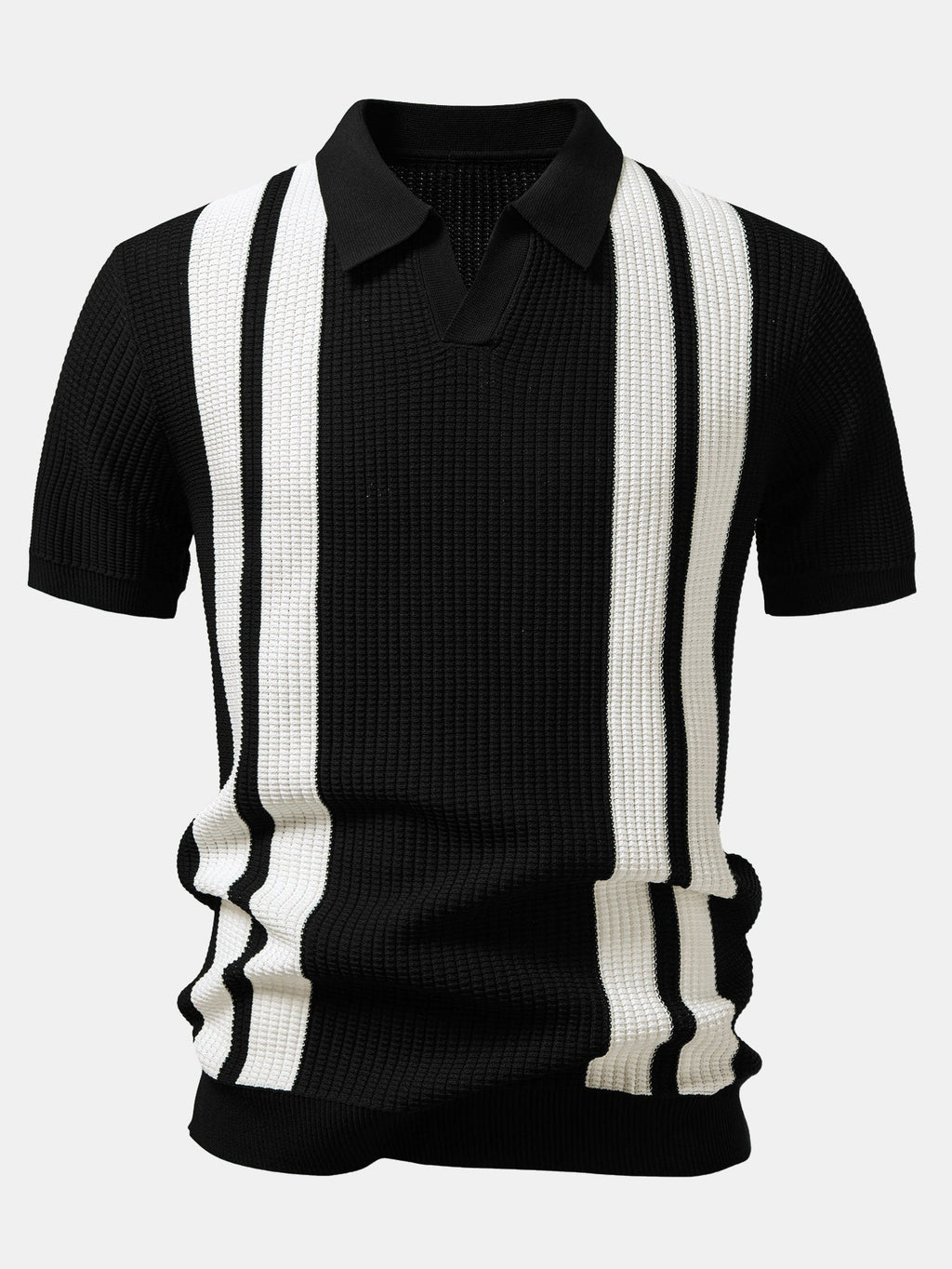 Stripe Johnny Collar Knit Polo & Drawstring Knitted Waffle Pants