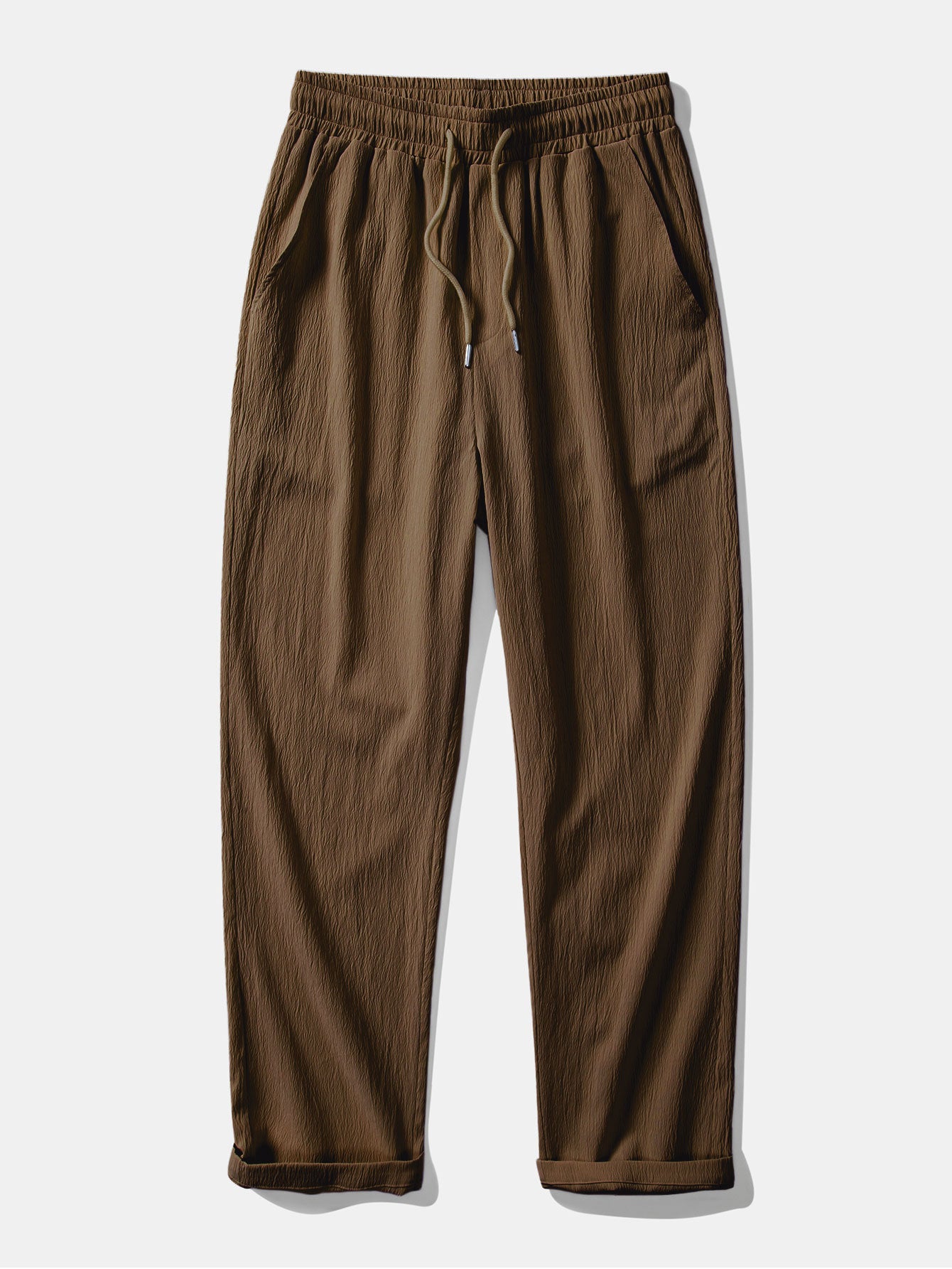 Contrast Textured Johnny Collar Knit Polo & Crinkle Textured Straight Leg Pants