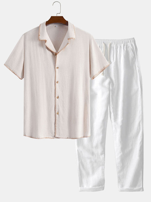 Contrast Stitching Linen Rayon Blend Cuban Shirt & Straight Leg Linen Pants