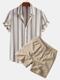 Textured Striped Button Up Shirt & Crinkle Textured Drawstring 5" Shorts