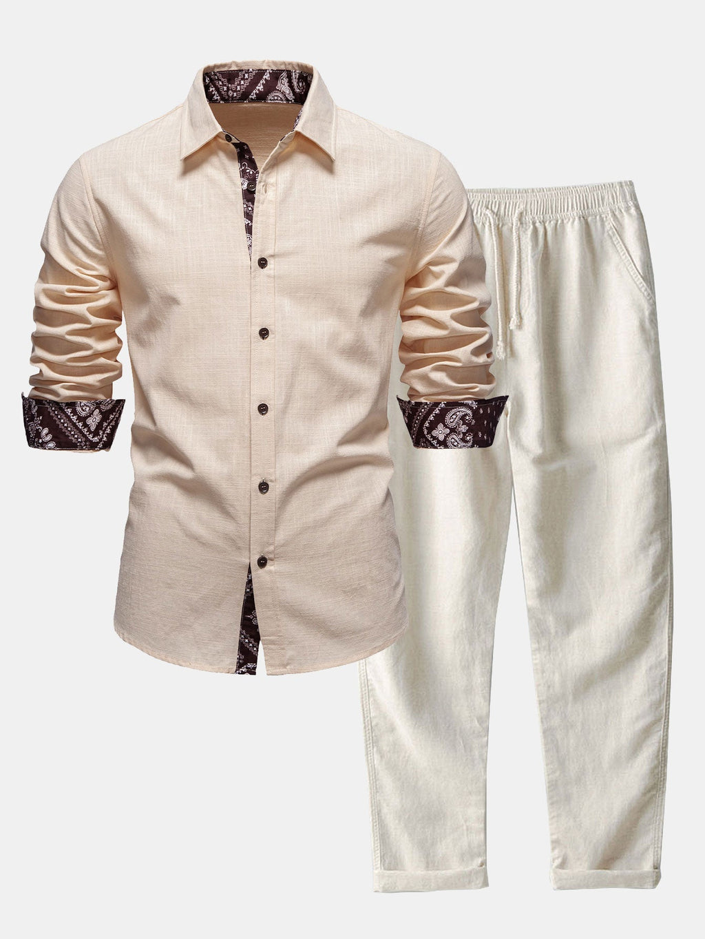 Contrast Paisley Print Linen Look Shirt & Straight Leg Linen Pants