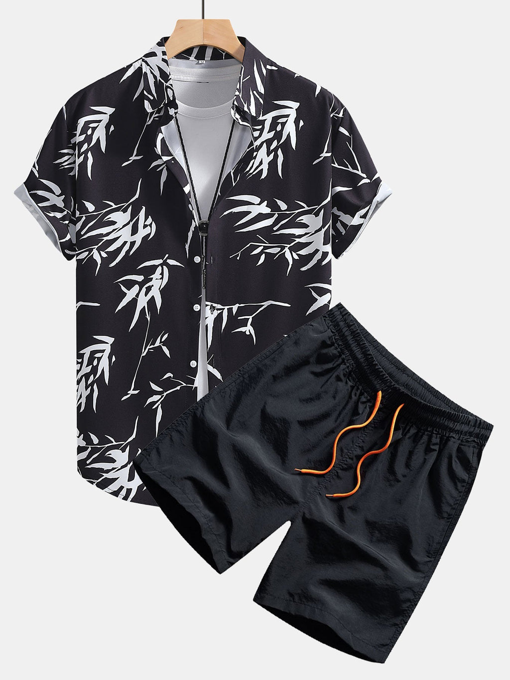 Bamboo Leaves Print Button Up Shirt & Swim Shorts