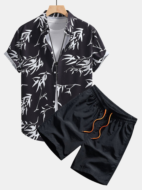 Bamboo Leaves Print Button Up Shirt & Swim Shorts