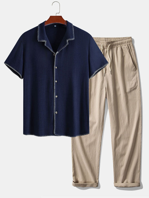 Contrast Stitching Linen Rayon Blend Cuban Shirt & Crinkle Textured Straight Leg Pants