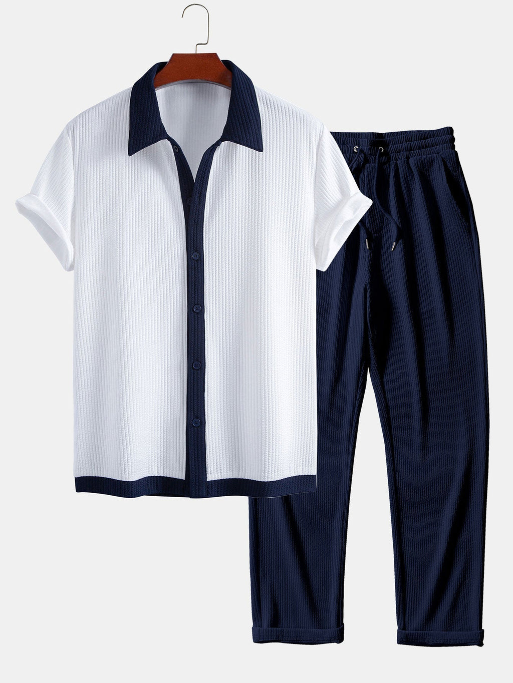 Contrast Ribbed Button Up Shirt & Straight Leg Ribbed Pants