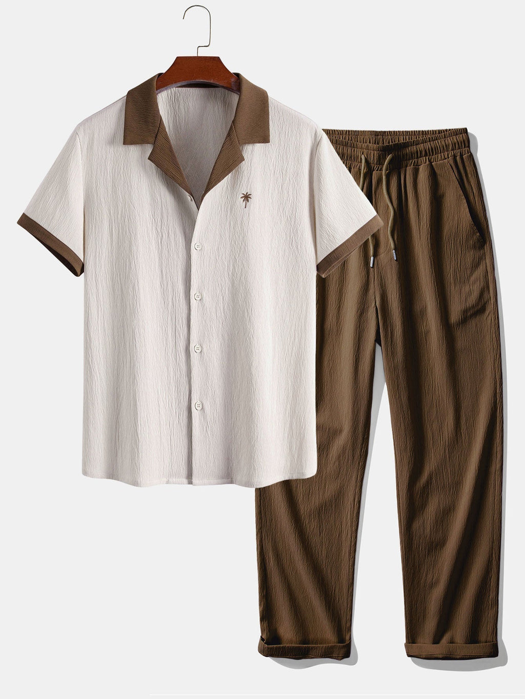 Contrast Palm Tree Embroidery Crinkle Shirt & Crinkle Textured Straight Leg Pants
