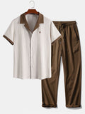 Contrast Palm Tree Embroidery Crinkle Shirt & Crinkle Textured Straight Leg Pants