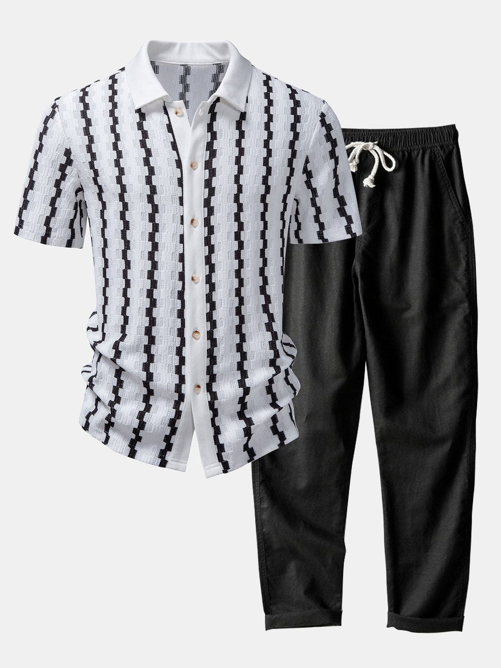 Plaid Jacquard Button Up Shirt & Straight Leg Linen Pants