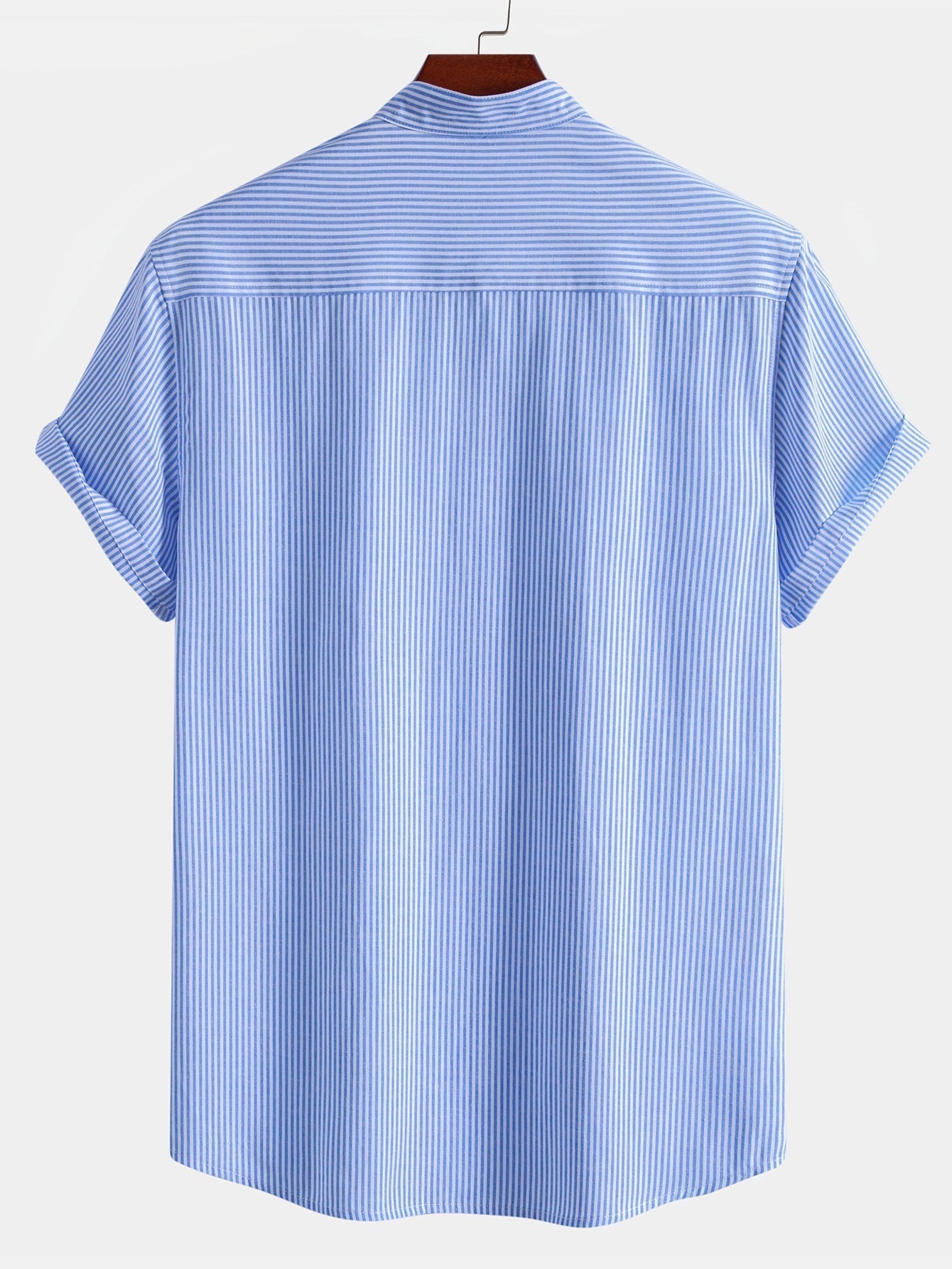Short Sleeve Cotton Stripe Stand Collar Shirt & Straight Leg Linen Pants