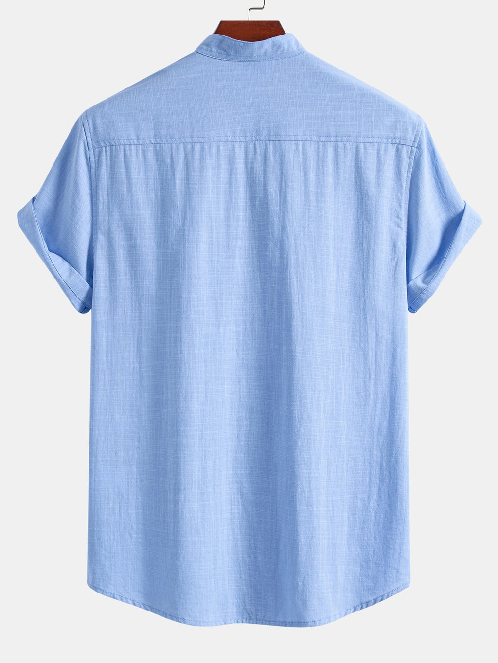 Short Sleeve Linen Look Stand Collar Shirt & Linen Blend Drawstring 7" Shorts