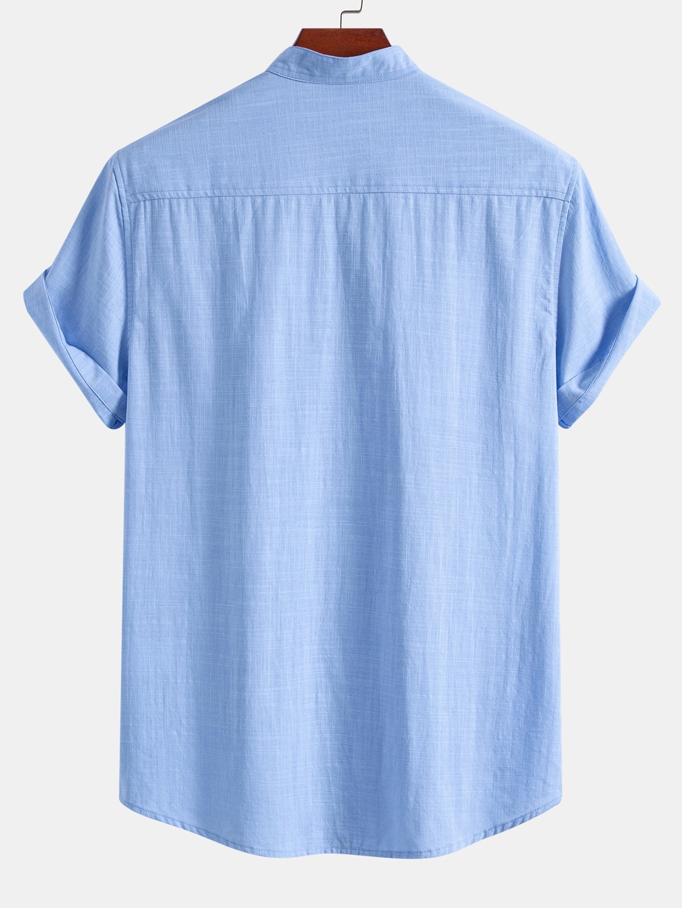 Short Sleeve Linen Look Stand Collar Shirt & Linen Blend Drawstring 7" Shorts