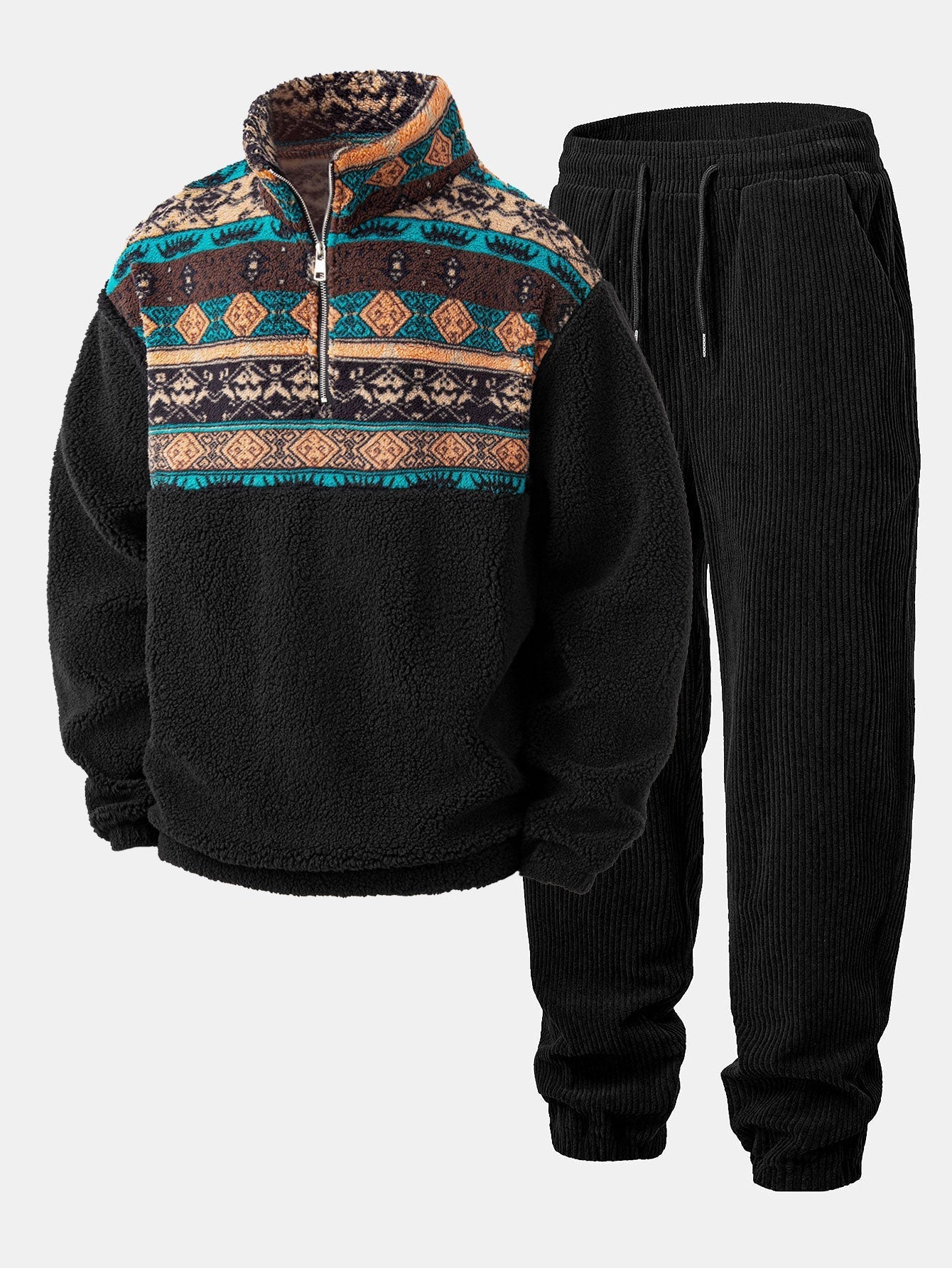 Relax Fit Quarter Zip Ethnic Geometric Patchwork Teddy Sweatshirt & Corduroy Jogger Pants